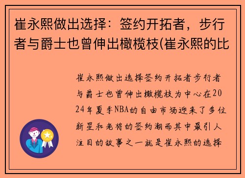 崔永熙做出选择：签约开拓者，步行者与爵士也曾伸出橄榄枝(崔永熙的比赛视频)